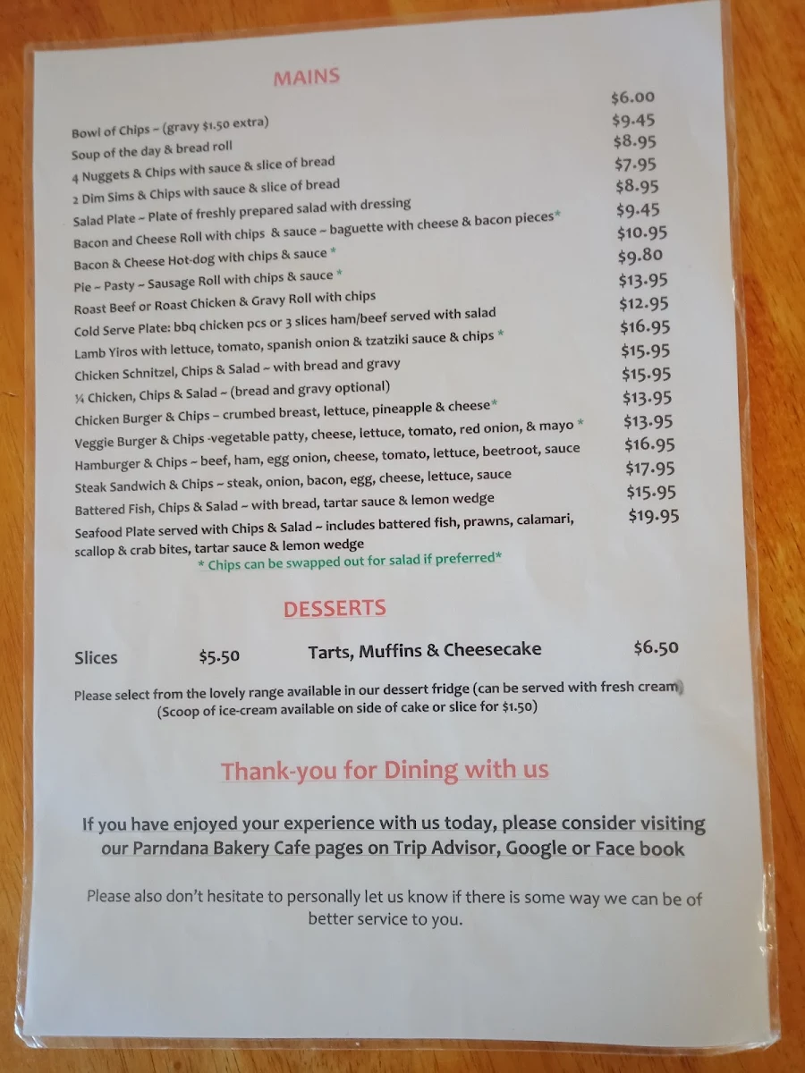 Menu, Parndana Bakery Cafe Groceries