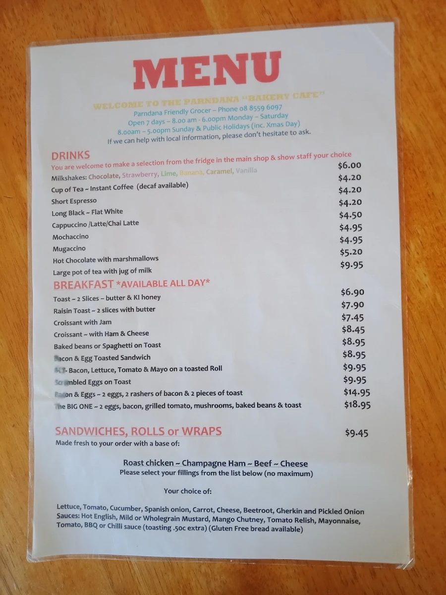 Menu, Parndana Bakery Cafe Groceries