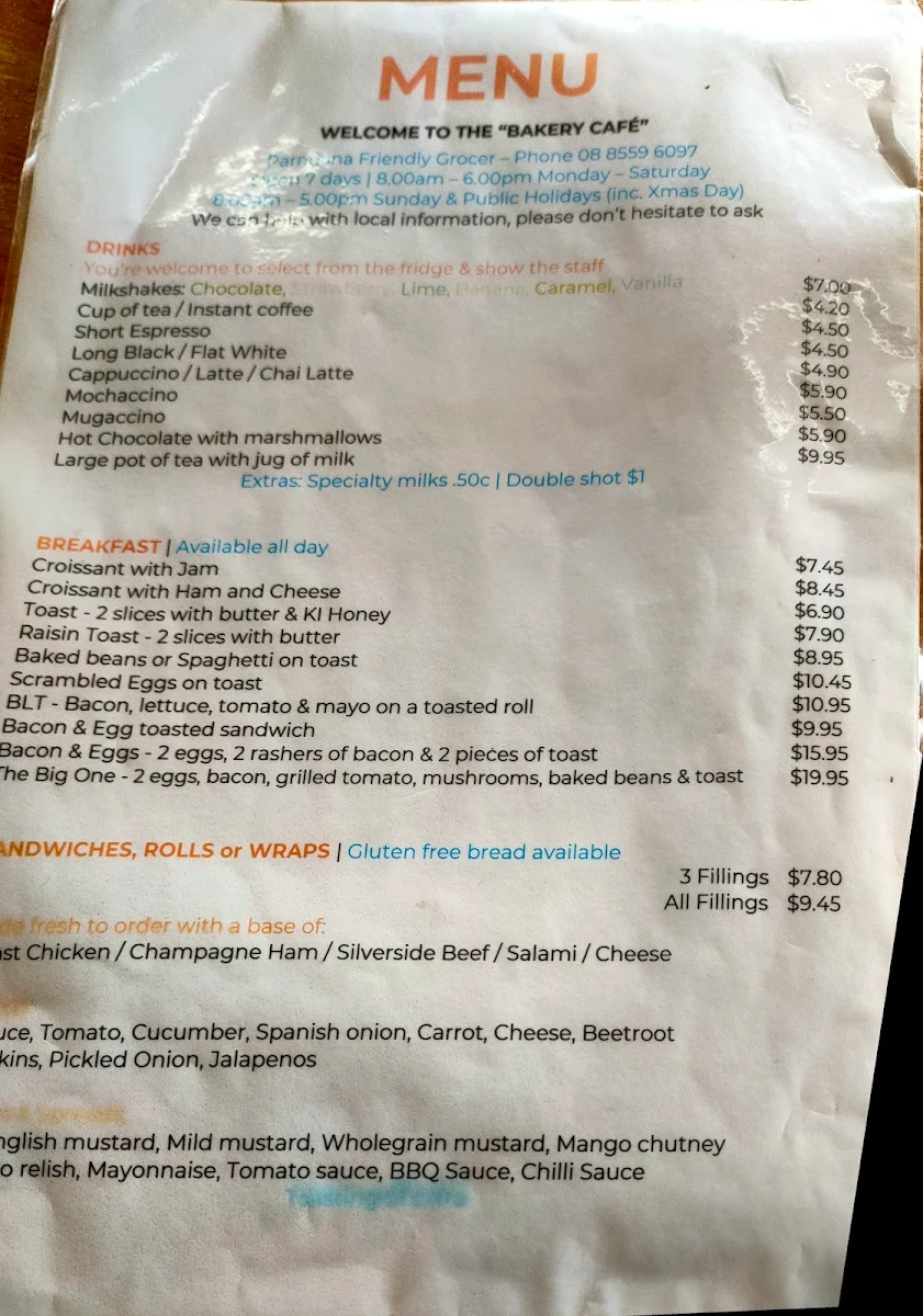 Menu, Parndana Bakery Cafe Groceries