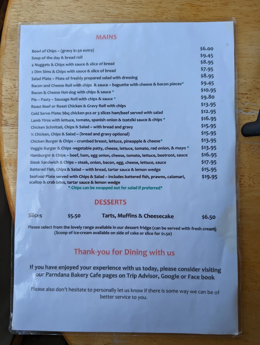 Menu, Parndana Bakery Cafe Groceries