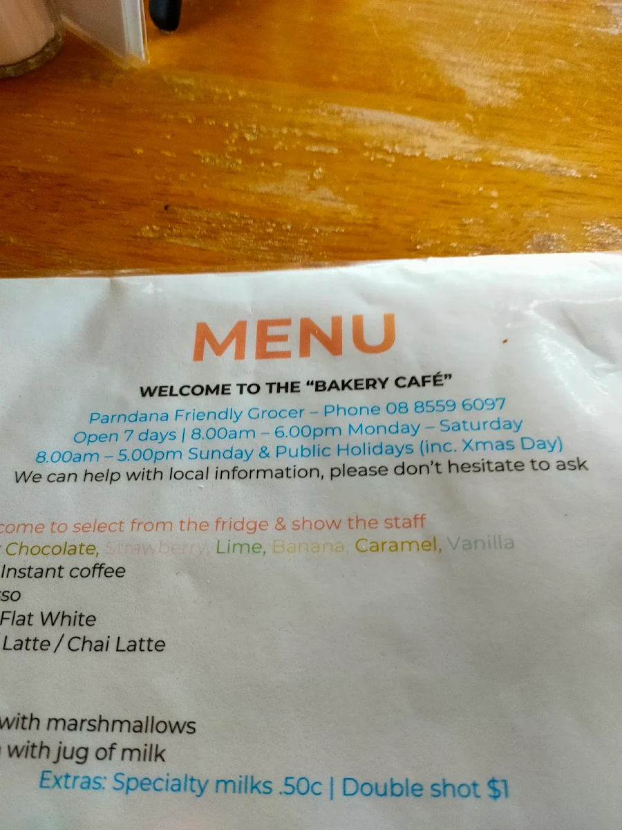 Menu, Parndana Bakery Cafe Groceries
