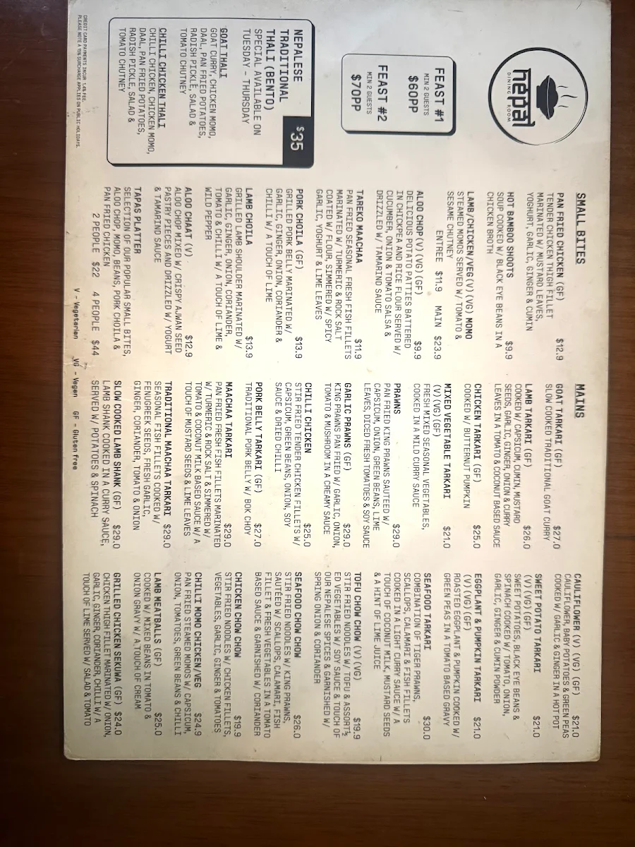 Menu, Nepal Dining Room