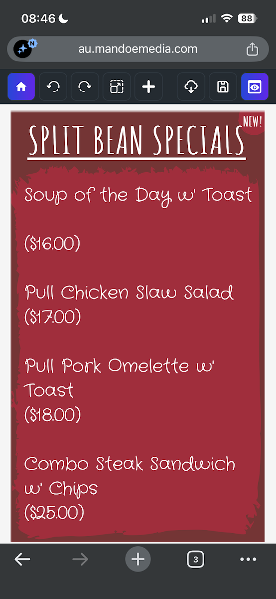 Menu, Split Bean Cafe