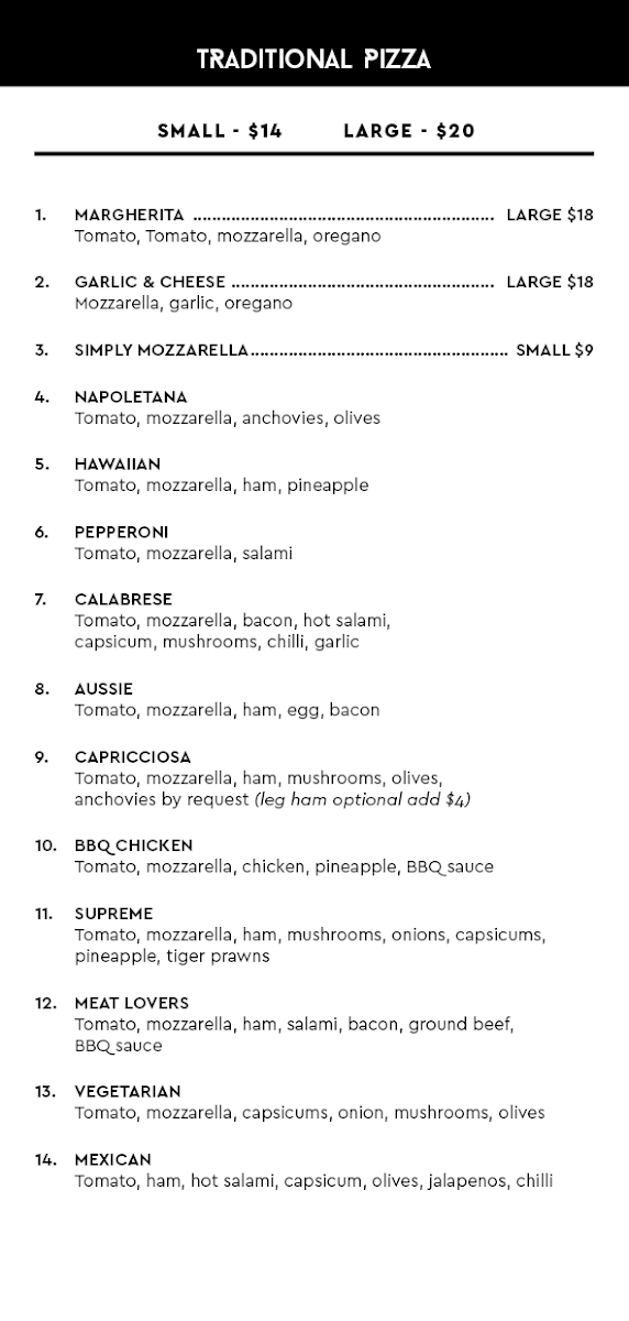 Menu, Romolo Pizza