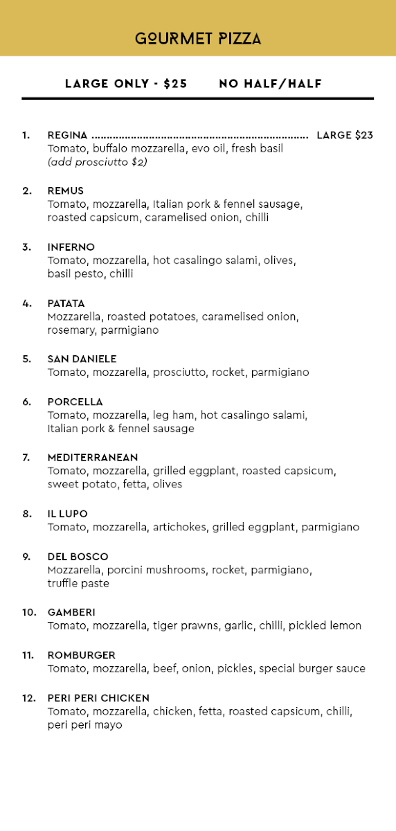 Menu, Romolo Pizza