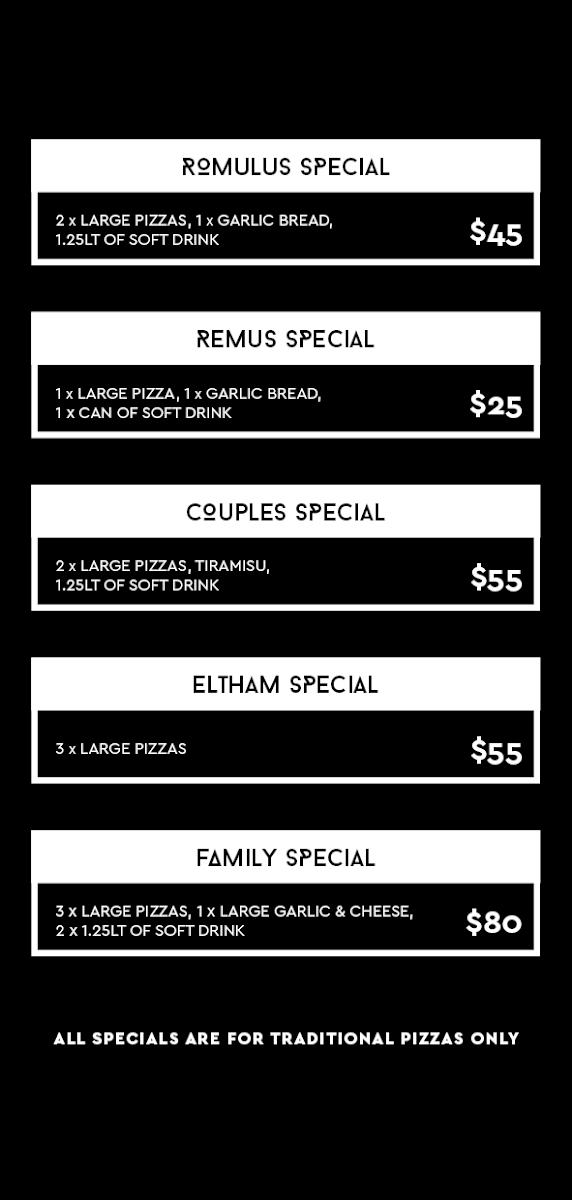 Menu, Romolo Pizza