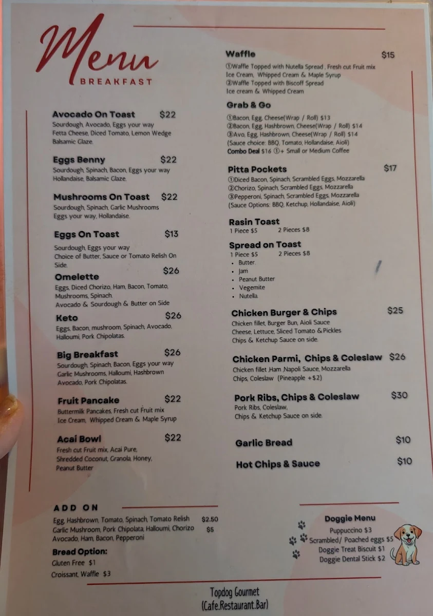 Menu, Topdog Gourmet