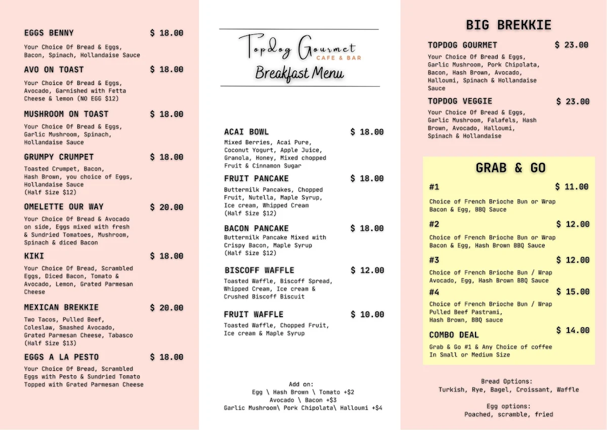 Menu, Topdog Gourmet