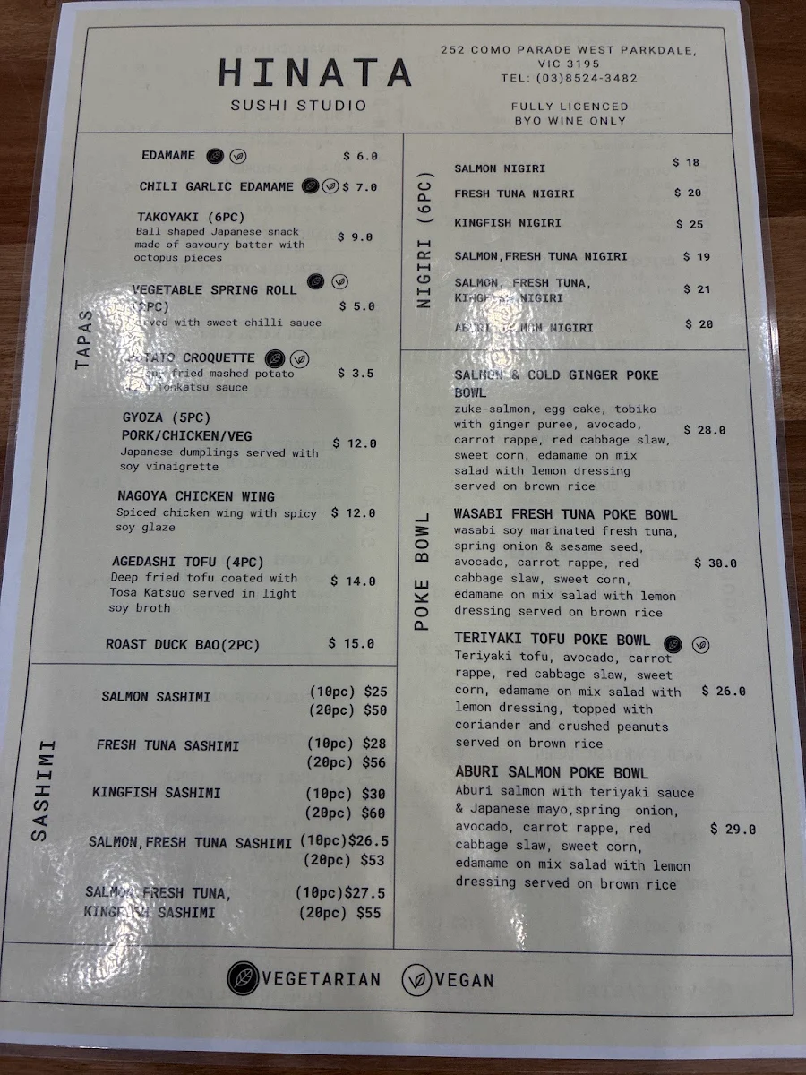 Menu, Hinata Sushi Studio