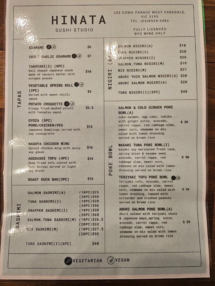 Menu, Hinata Sushi Studio