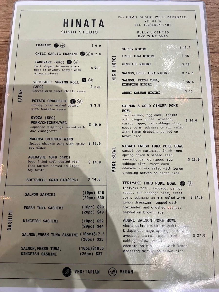 Menu, Hinata Sushi Studio