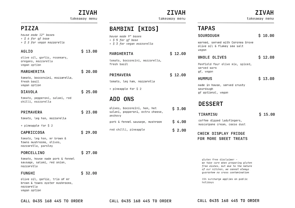 Menu, ZIVAH Stanley
