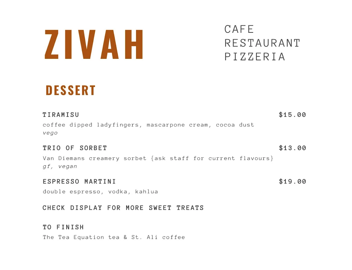 Menu, ZIVAH Stanley