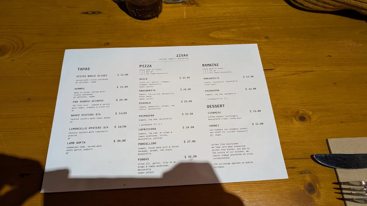 Menu, ZIVAH Stanley