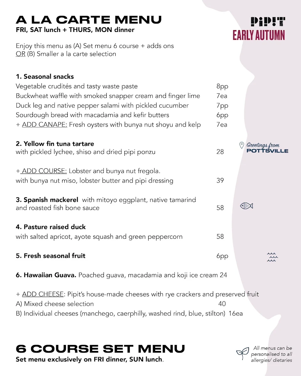 Menu, Pipit Restaurant