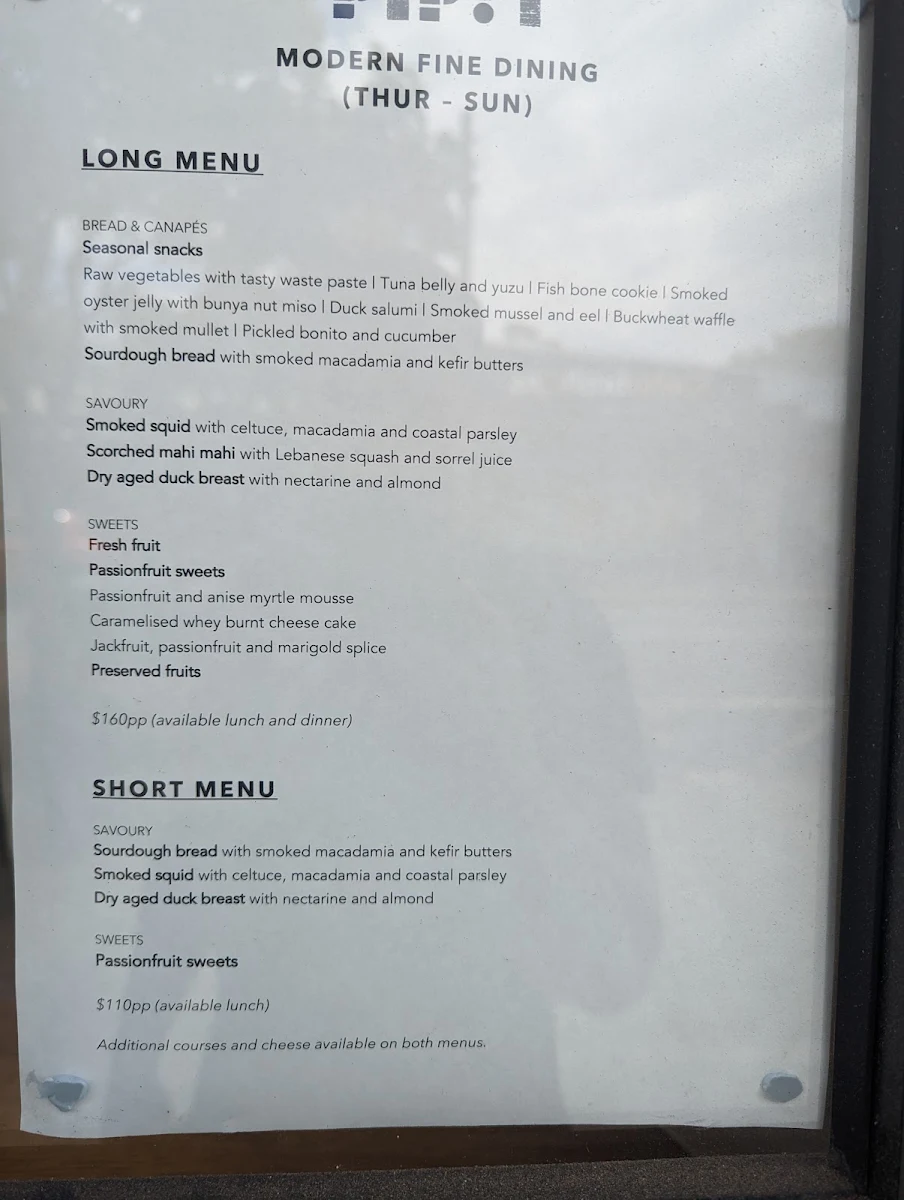 Menu, Pipit Restaurant