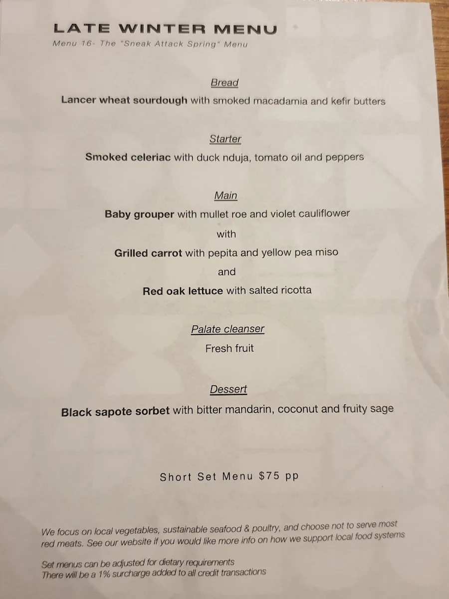 Menu, Pipit Restaurant