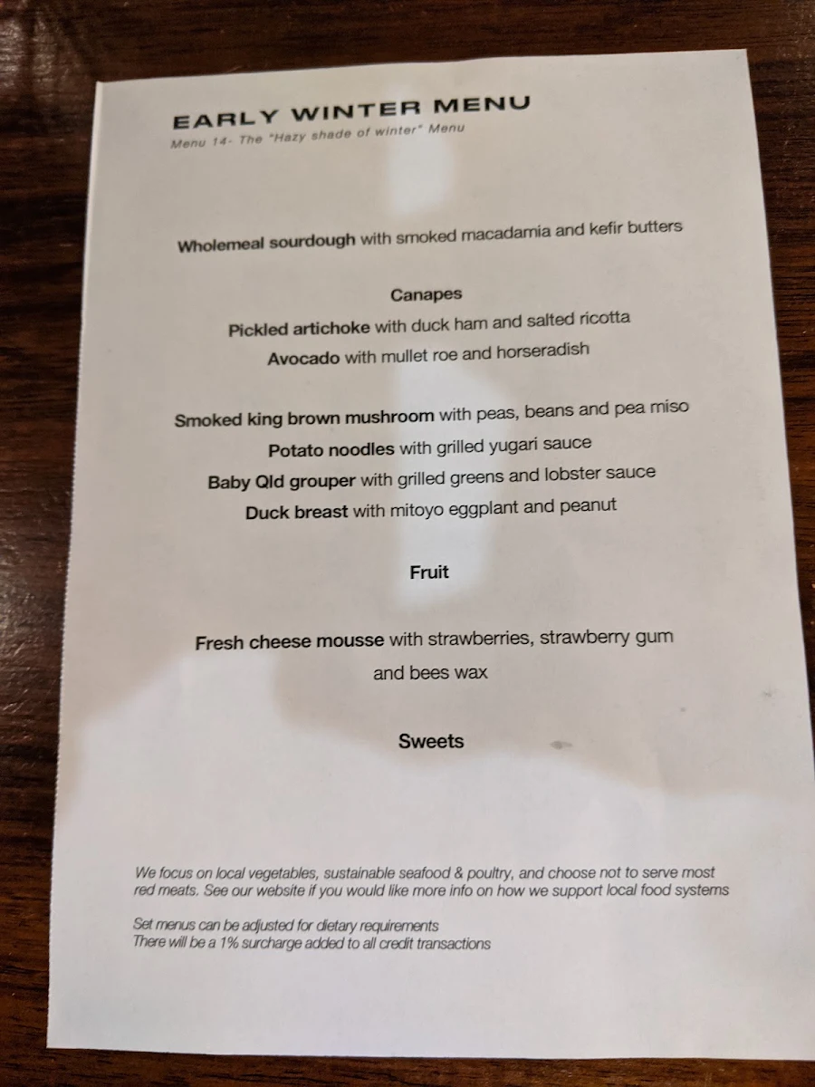 Menu, Pipit Restaurant