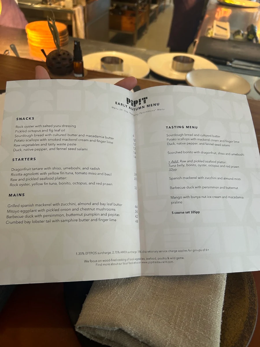 Menu, Pipit Restaurant