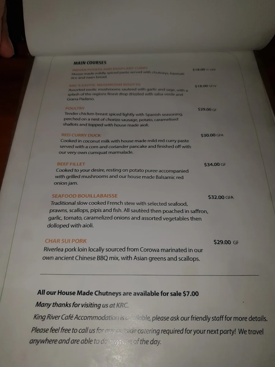 Menu, King River Cafe