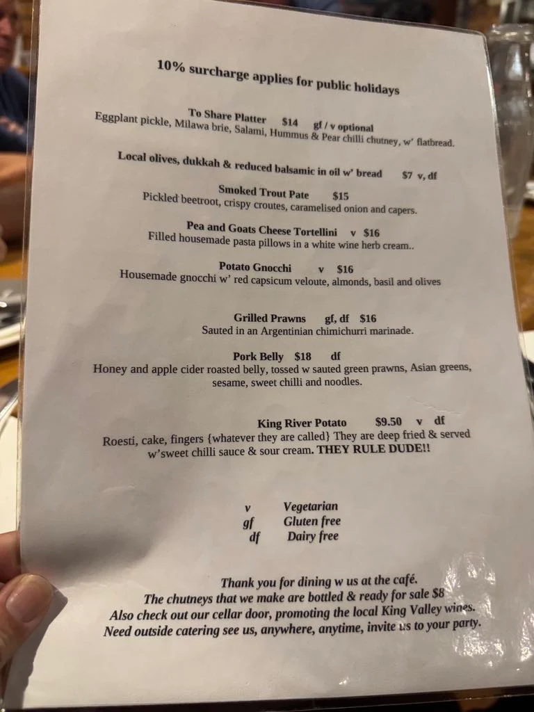 Menu, King River Cafe
