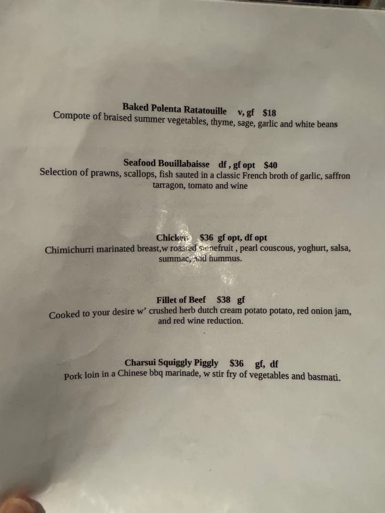 Menu, King River Cafe