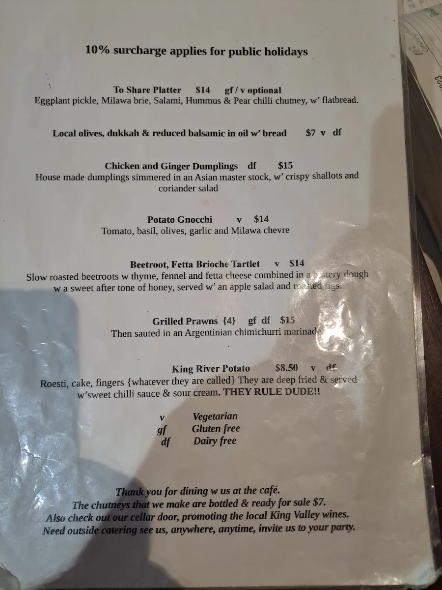 Menu, King River Cafe