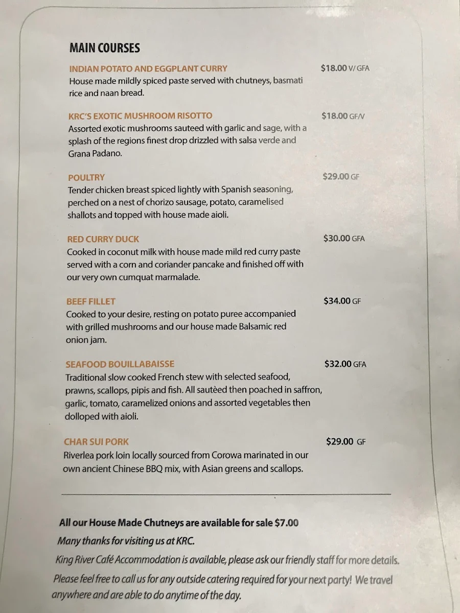 Menu, King River Cafe