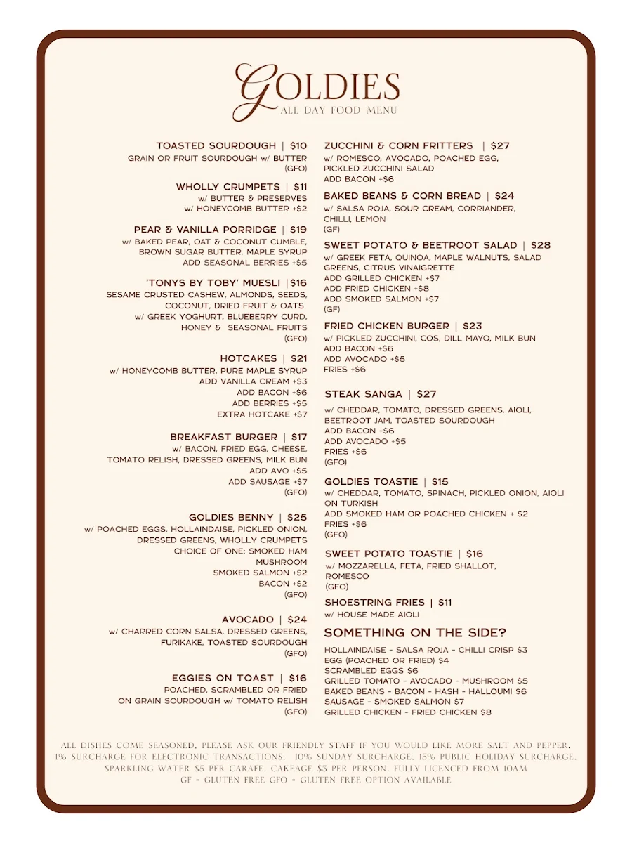 Menu, Goldies Cafe Dubbo