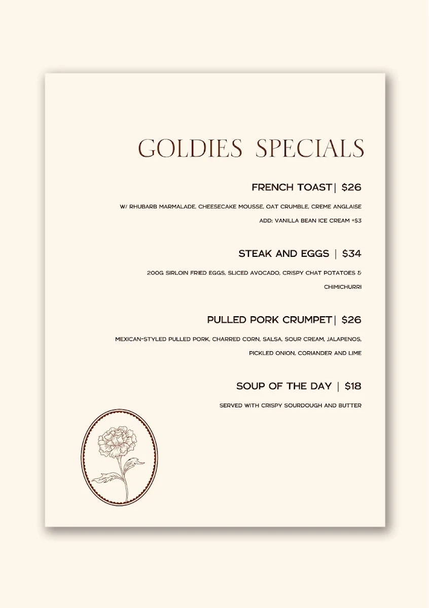 Menu, Goldies Cafe Dubbo