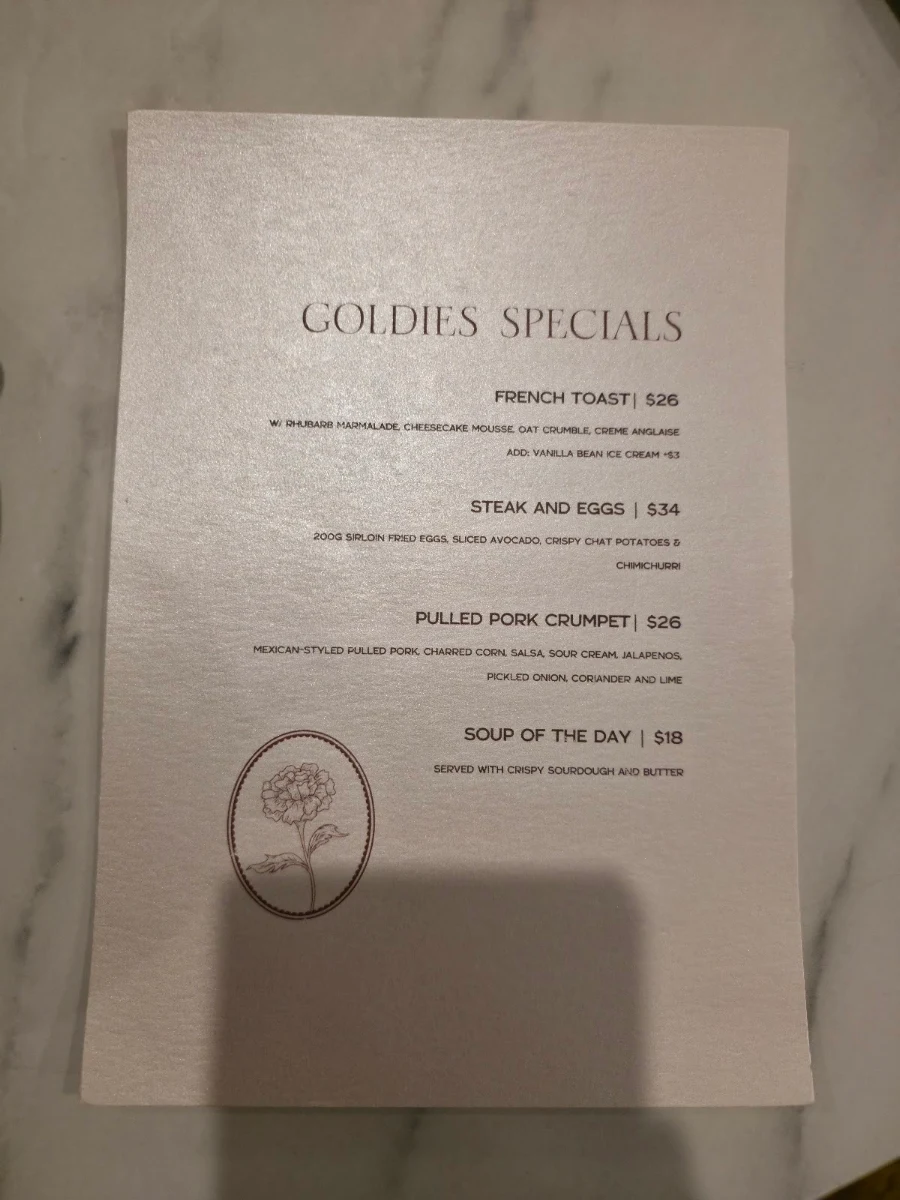 Menu, Goldies Cafe Dubbo