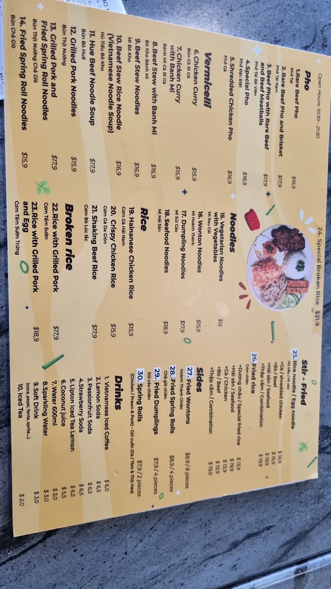 Menu, The Pho Hamilton