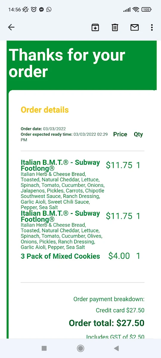 Menu, Subway