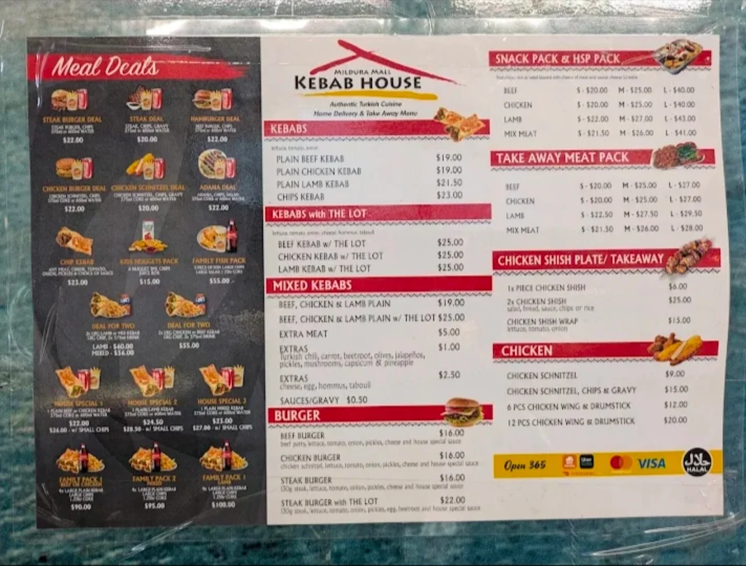 Menu, Mildura Kebab House