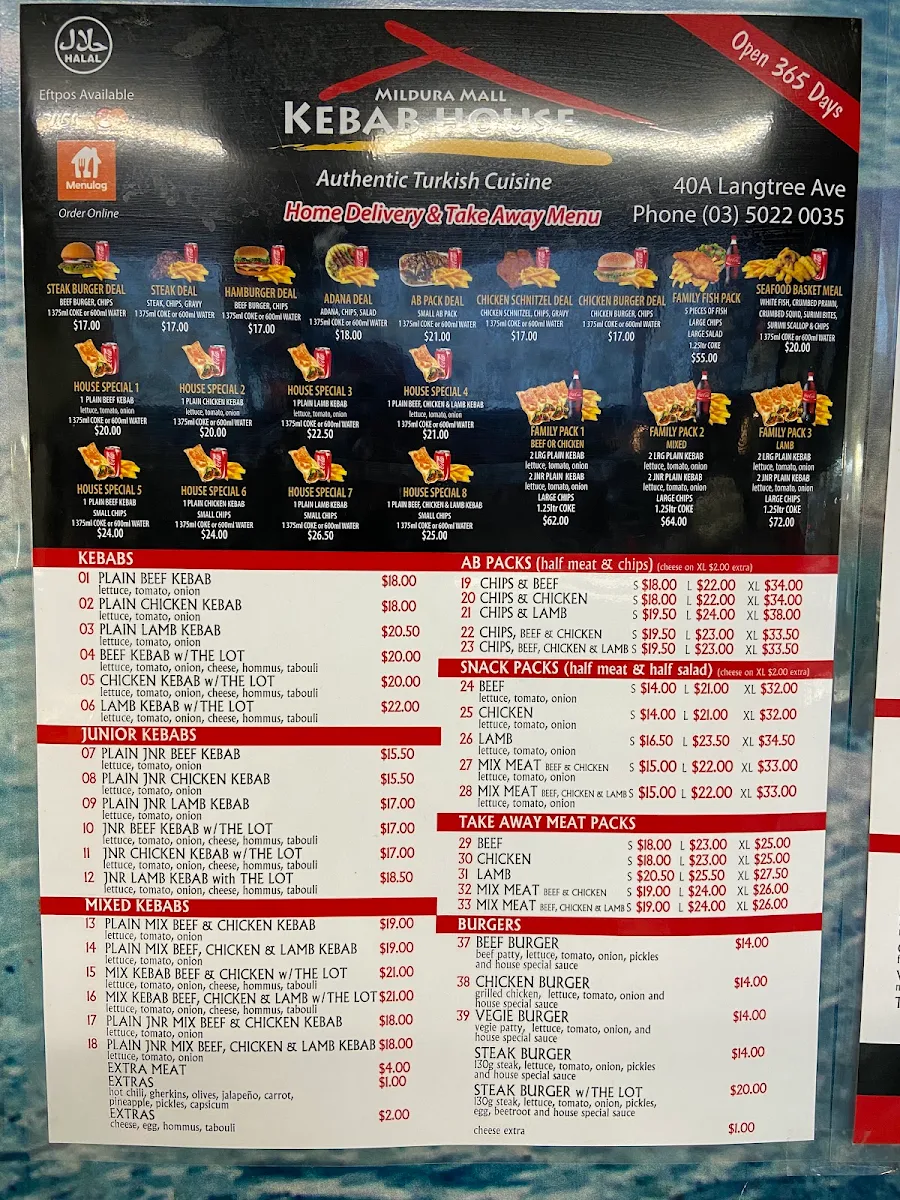 Menu, Mildura Kebab House