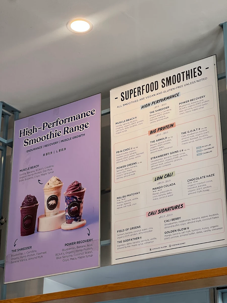 Menu, Cali Press Cafe & Breakfast Bondi Beach