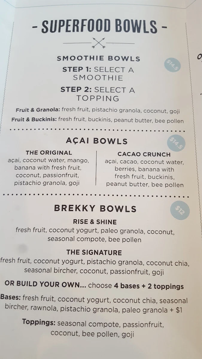 Menu, Cali Press Cafe & Breakfast Bondi Beach