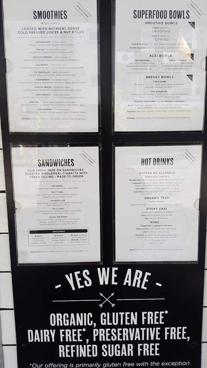 Menu, Cali Press Cafe & Breakfast Bondi Beach