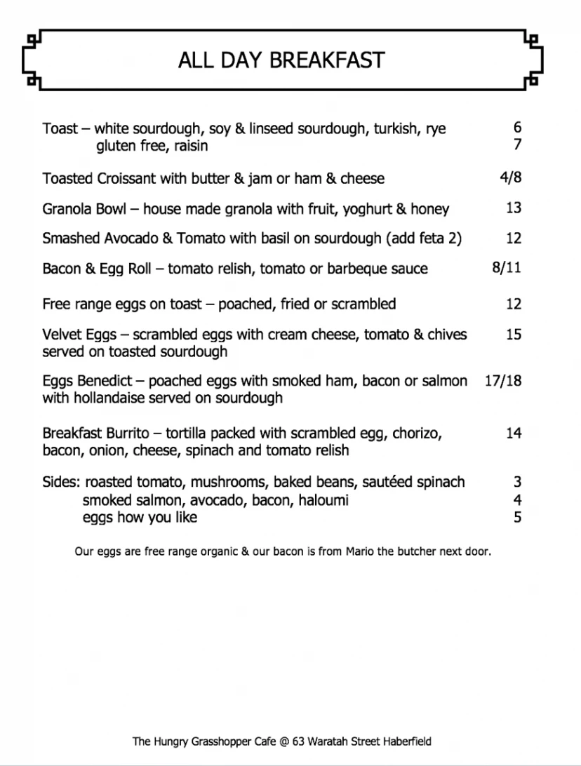 Menu, Hungry Grasshopper Café
