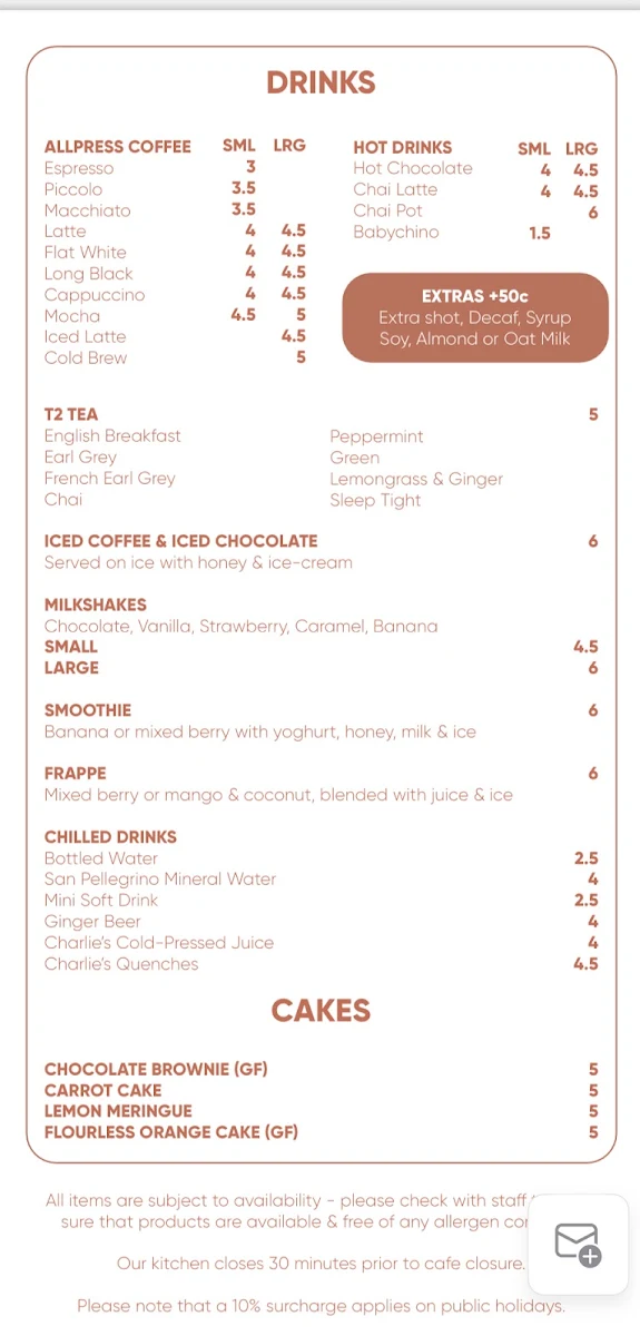 Menu, Hungry Grasshopper Café