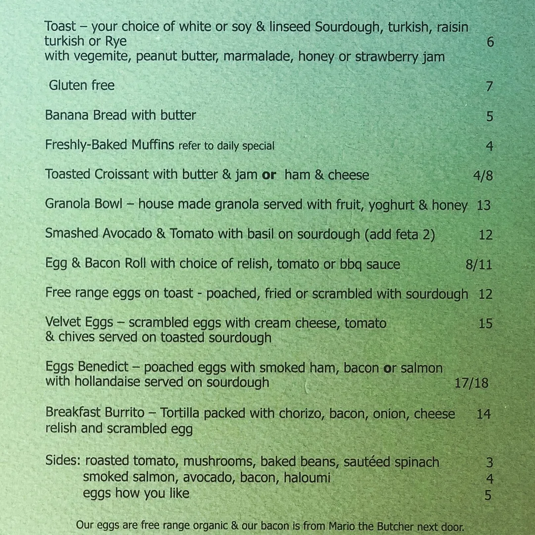 Menu, Hungry Grasshopper Café