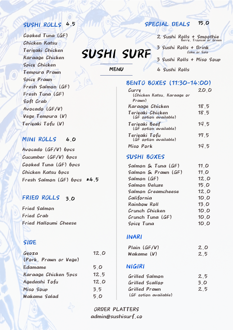 Menu, Sushi Surf