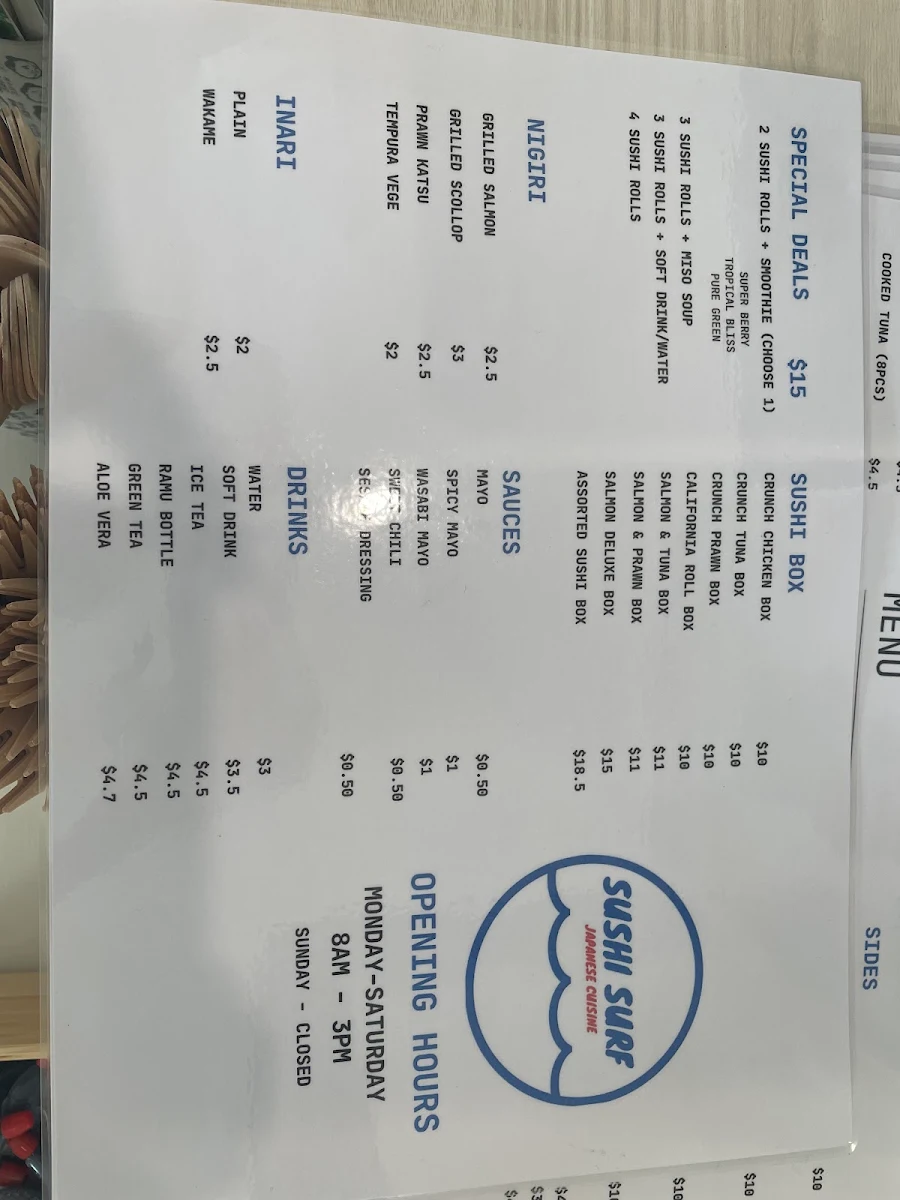 Menu, Sushi Surf