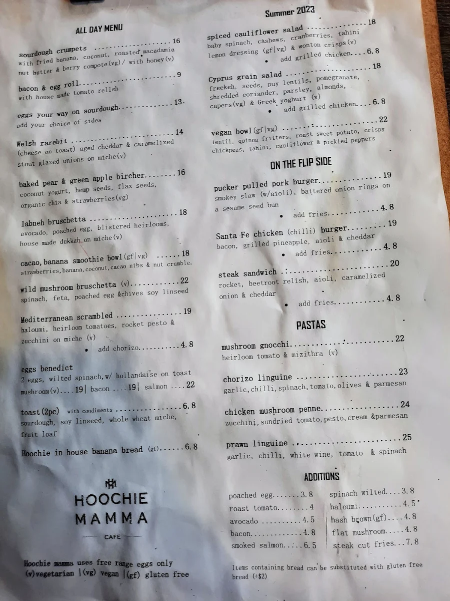 Menu, Hoochie Mamma Cafe