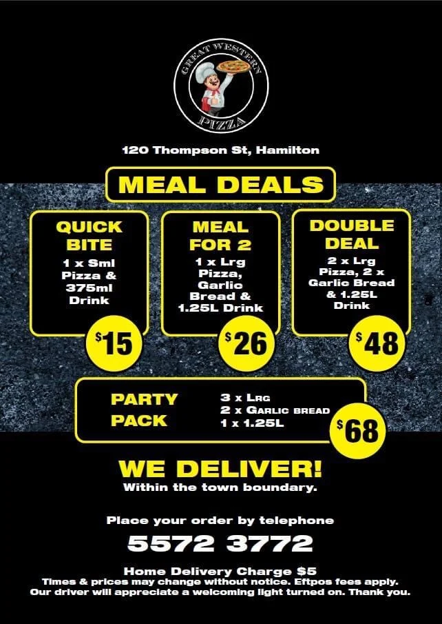 Menu, Great Western Pizza
