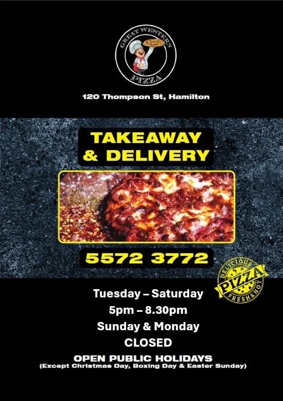 Menu, Great Western Pizza