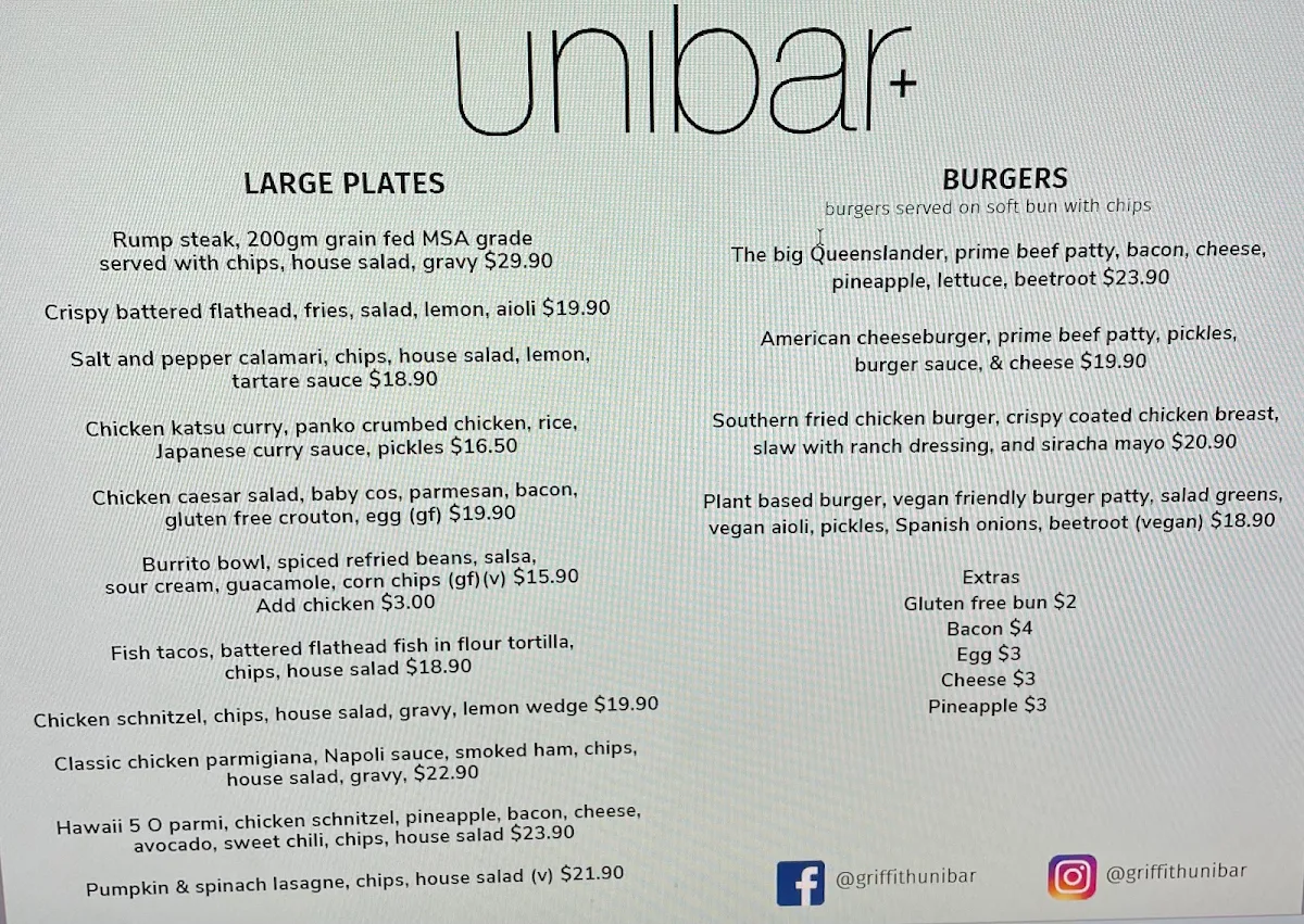 Menu, Griffith Uni Bar Nathan (N71)