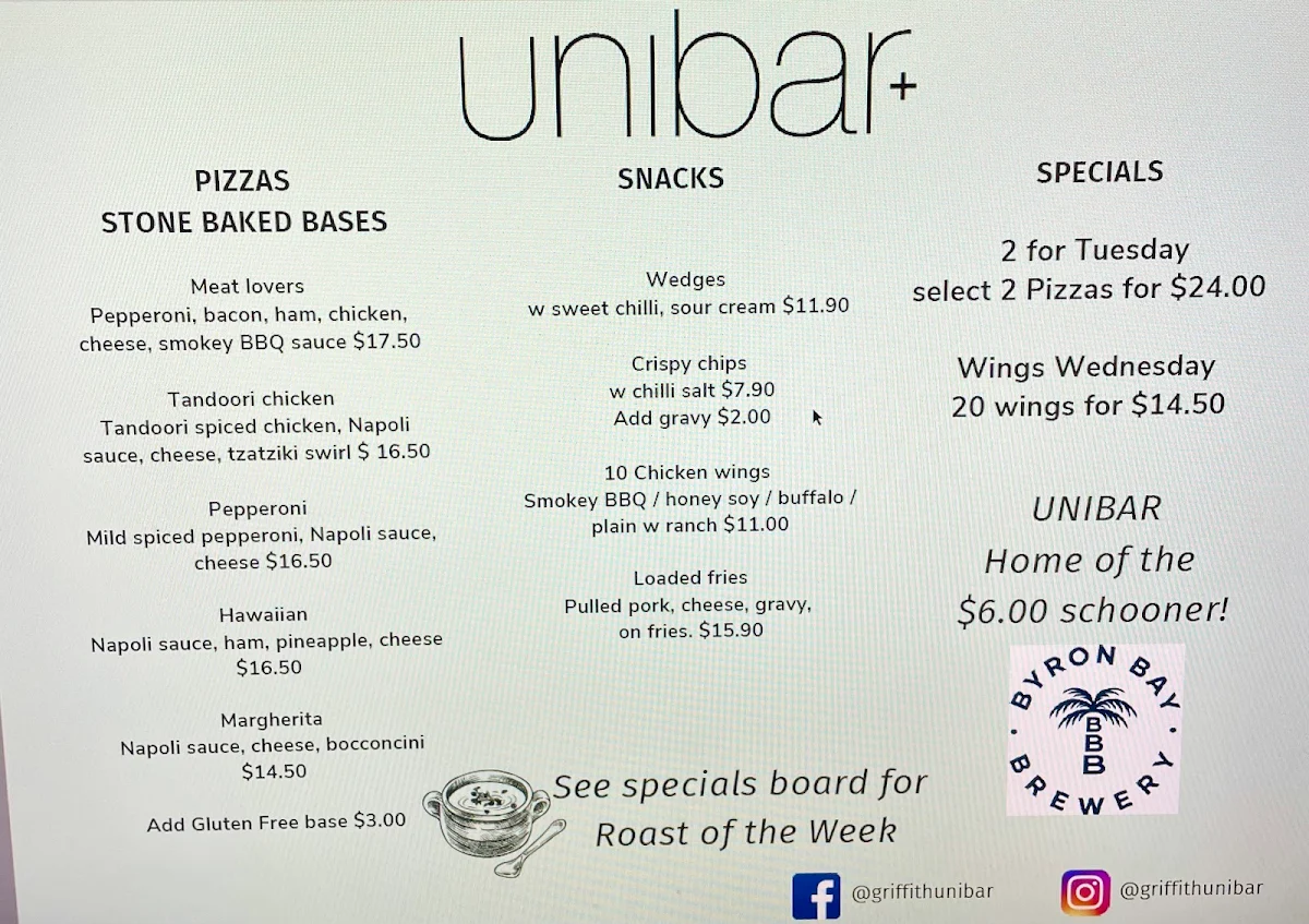 Menu, Griffith Uni Bar Nathan (N71)