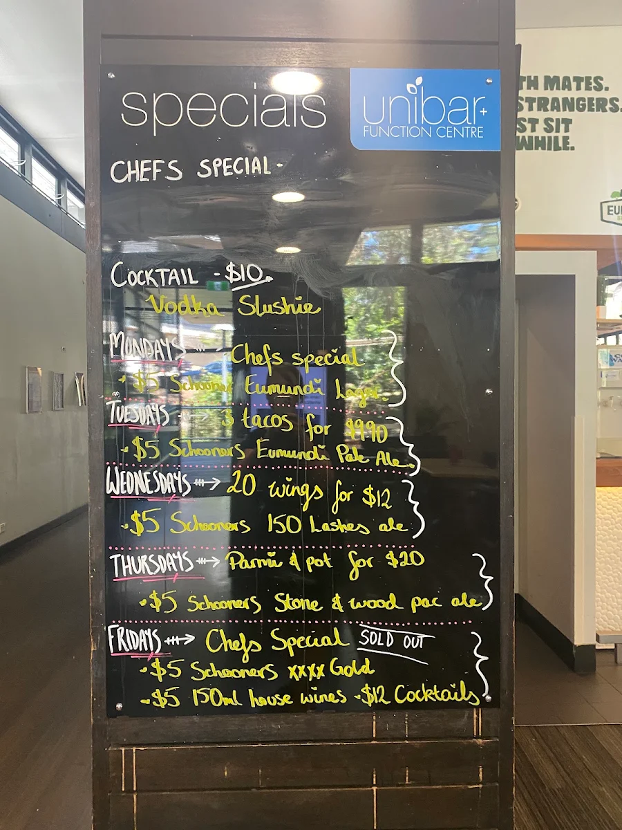 Menu, Griffith Uni Bar Nathan (N71)
