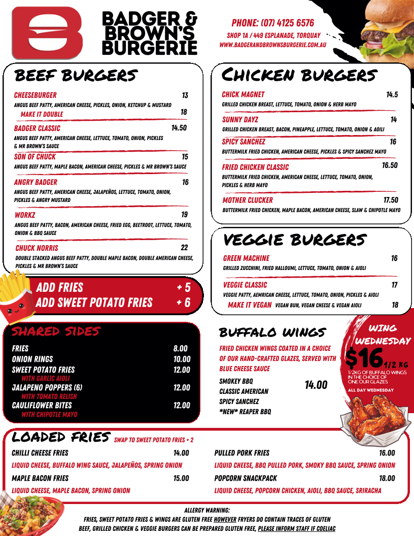 Menu, Badger & Brown's Burgerie